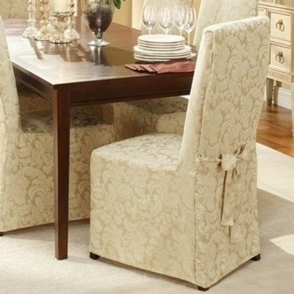 SureFit Long Dining Chair Slipcover Scroll Champagne Damask Jacquard Washable